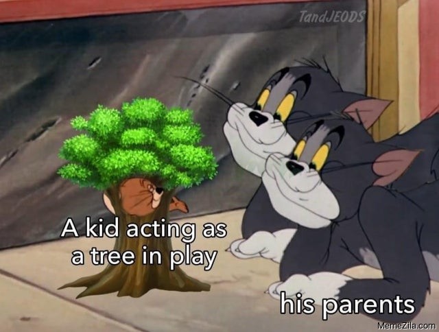 A kid acting as a tree in play meanwhile his parents meme