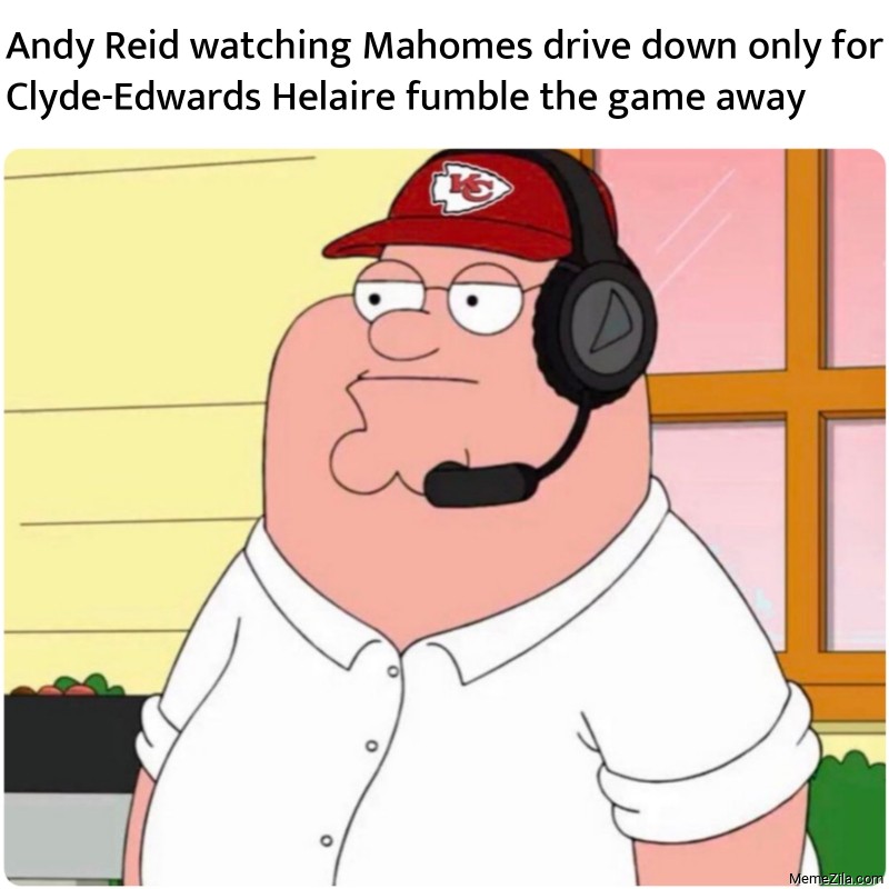 Andy Reid watching Mahomes drive down only for Clyde-Edwards Helaire fumble the game away meme