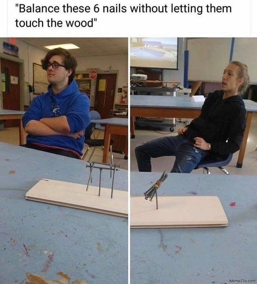 Balance these 6 nails without letting them touch the wood meme