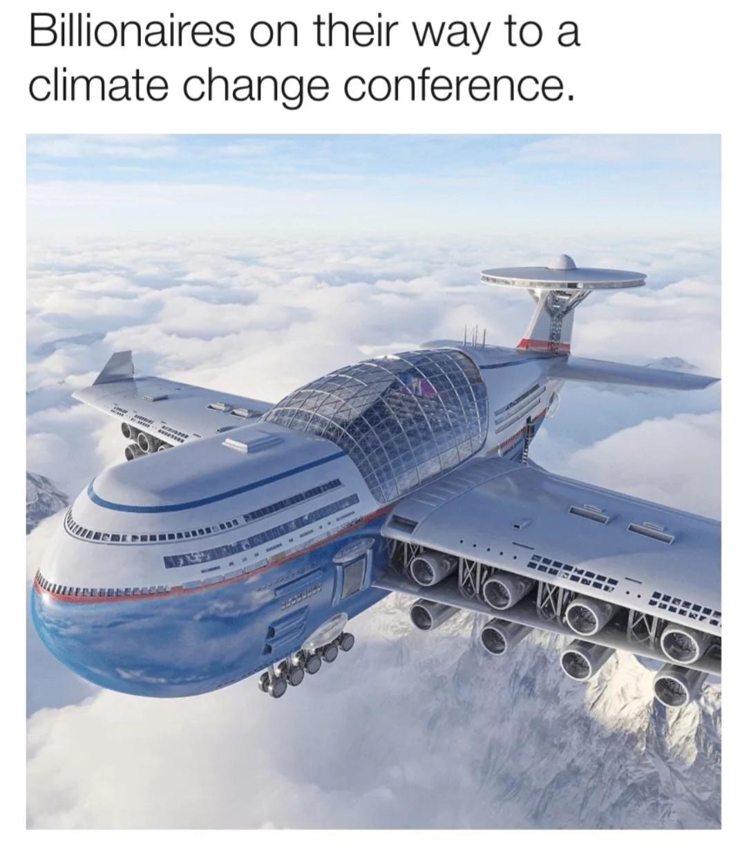 Billionaires on their way to a climate change conference meme