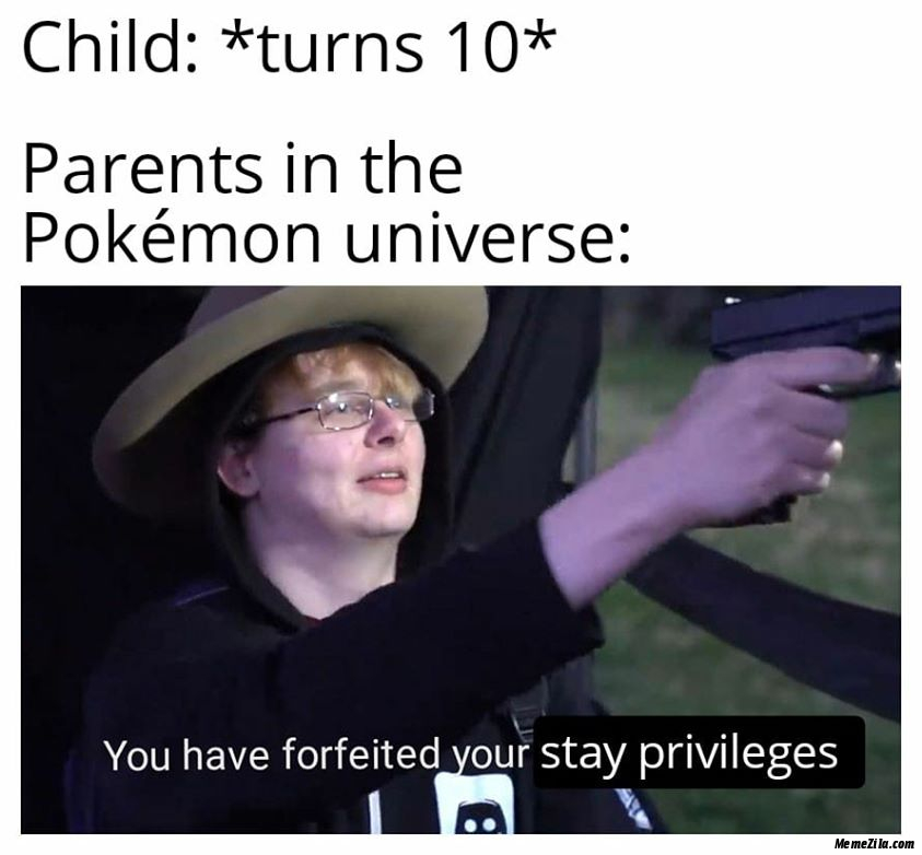 Child turns 10 Parents in the pokemon universe You have forfeited your stay privileges meme