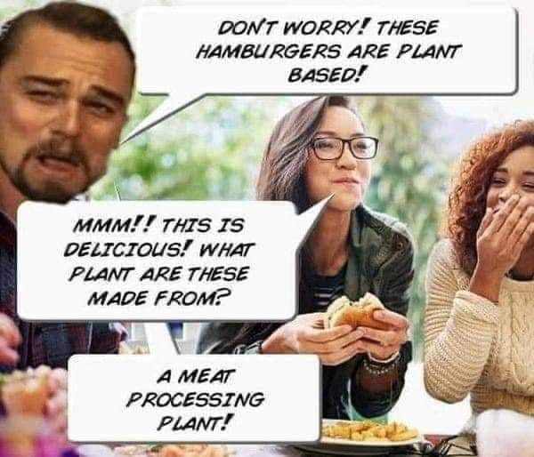 Don't worry! This hamburgers are plant based A meat processing plant meme