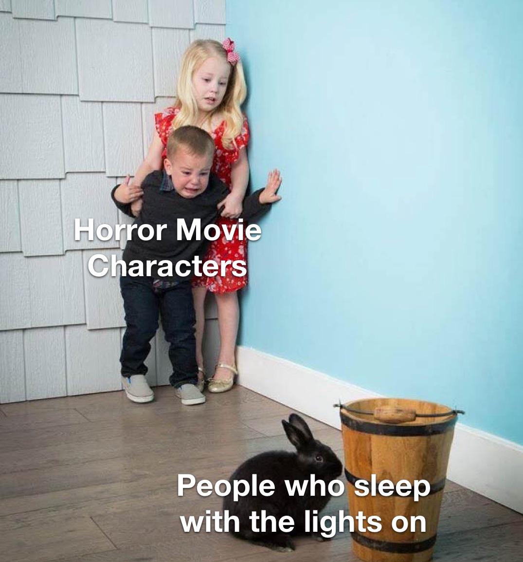Horror movie characters People who sleep with the lights on meme