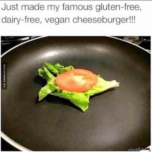 Just made my first gluten-free dairy-free vegan cheeseburger meme