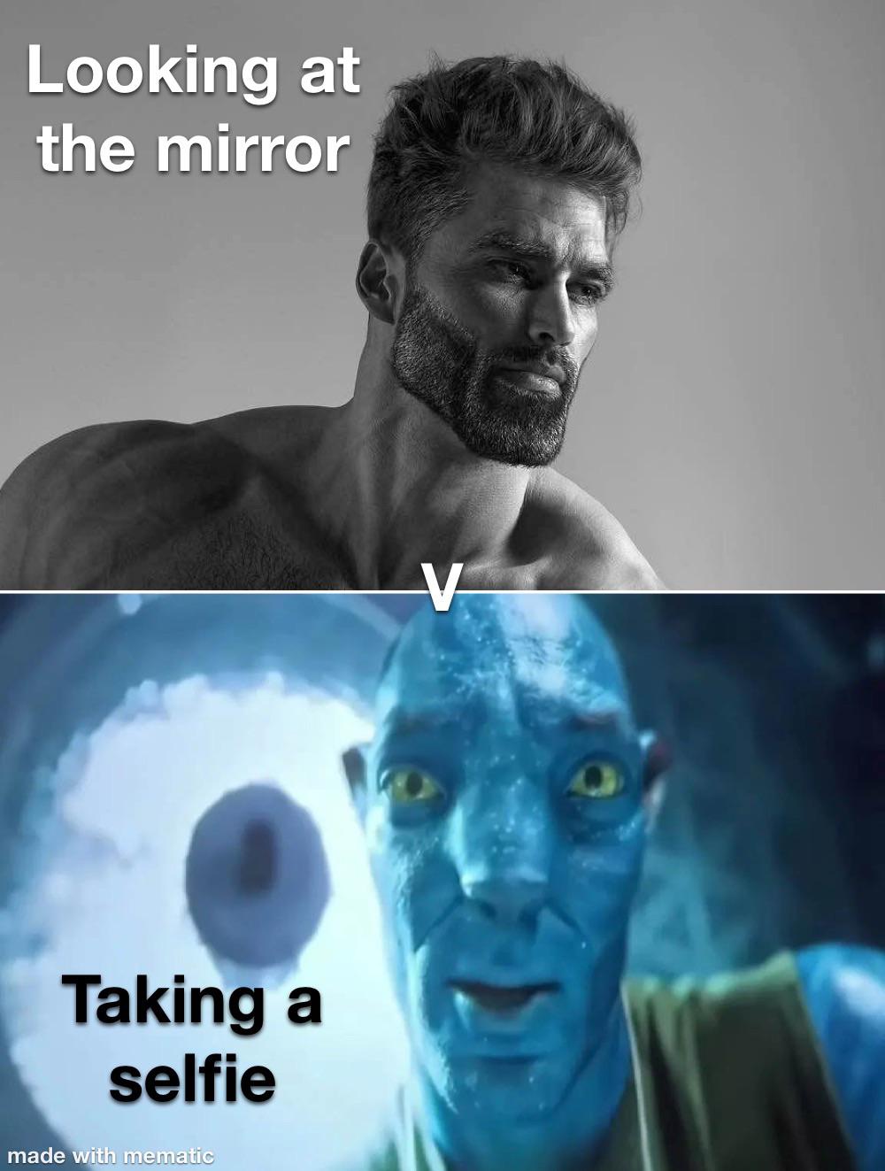 Looking at the mirror vs Taking a selfie meme