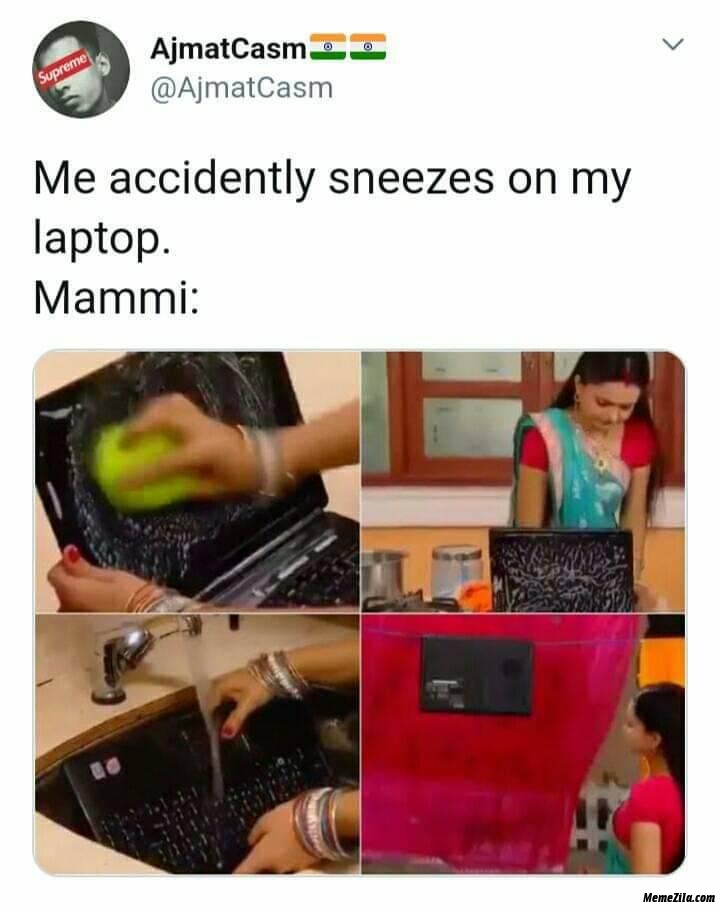 Me accidentally sneezes on my laptop Meanwhile mummy meme