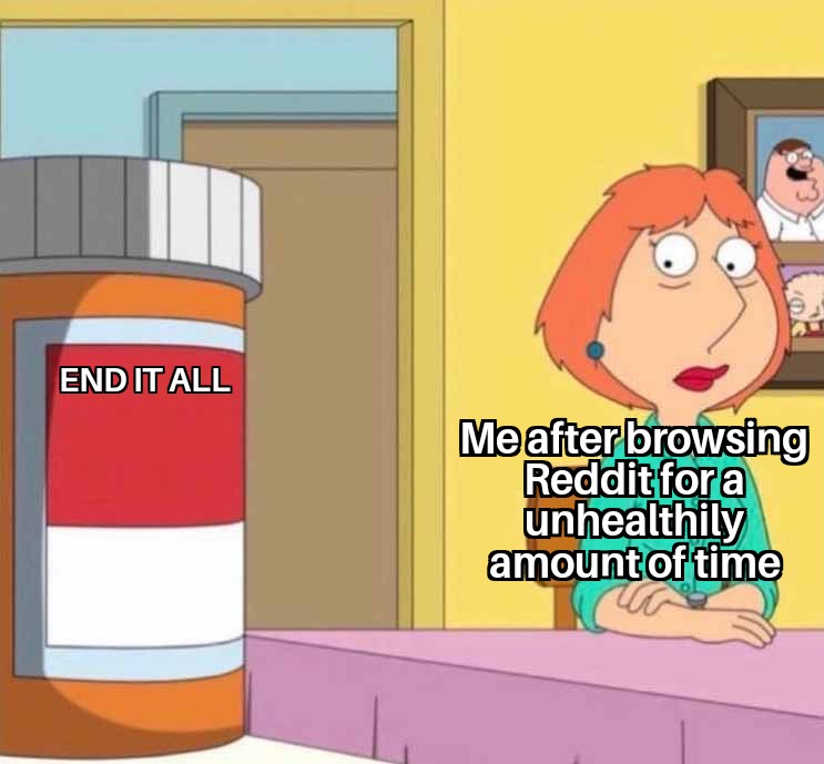 Me after browsing Reddit for a unhealthy amount of time End it all meme