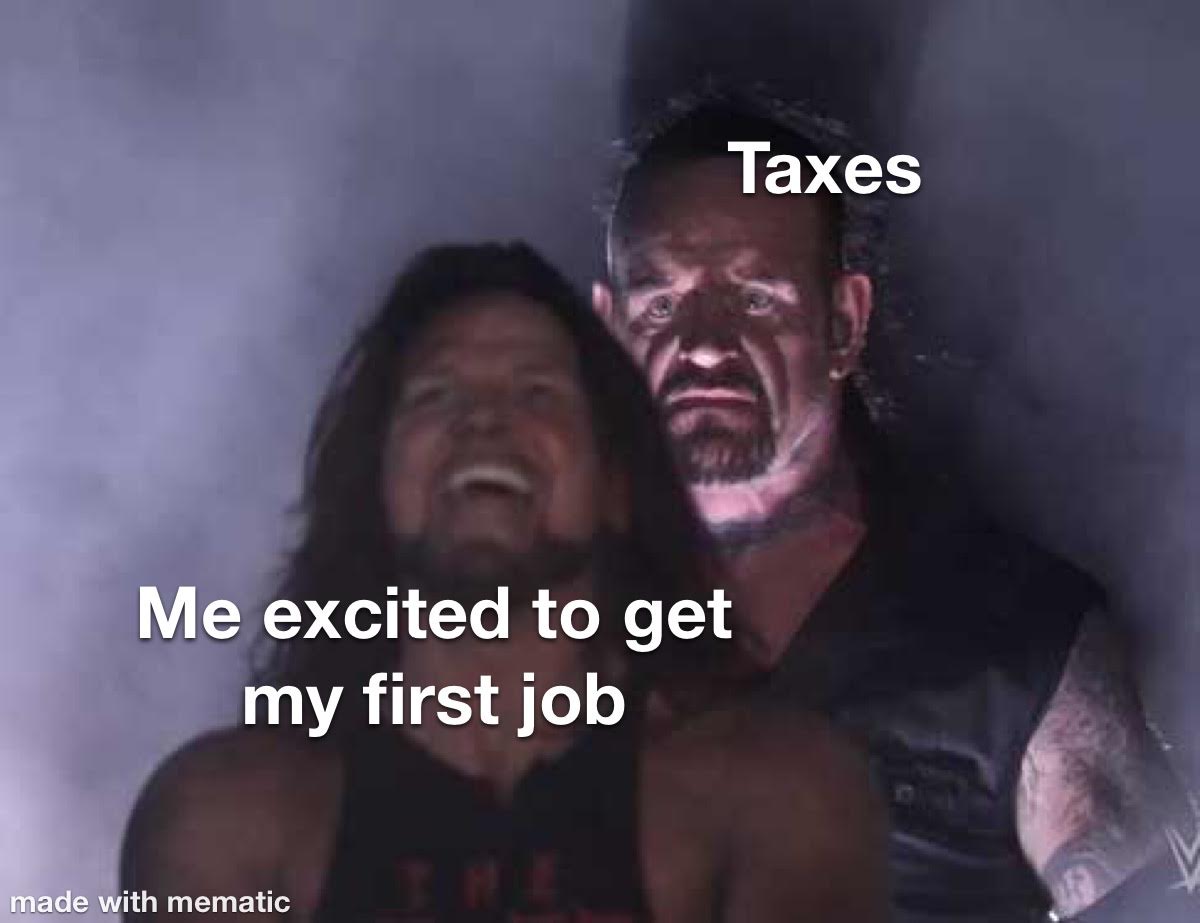 Me exited to get my first job Meanwhile taxes meme