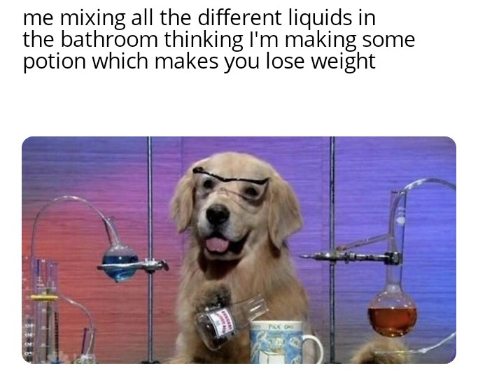 Me mixing all the different liquids in the bathroom thinking I am making some potion which makes you lose weight meme
