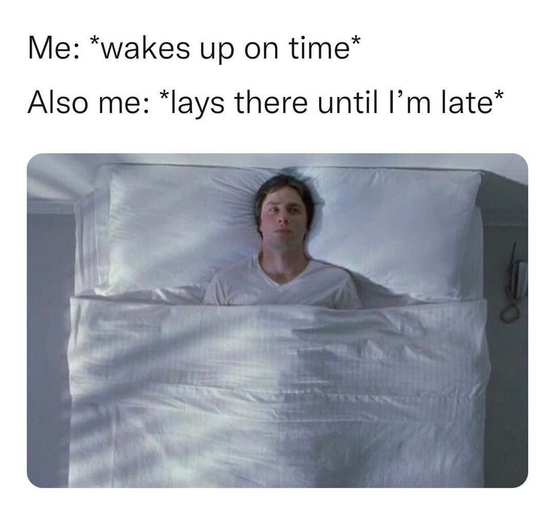 Me: Wakes up at a time Also me: Lays there until I'm late meme