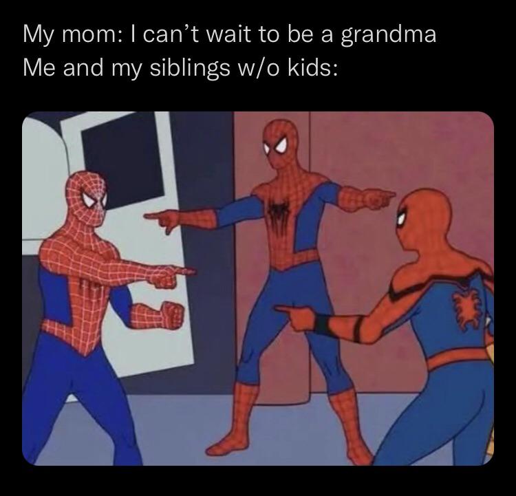 My mom: I can't wait to be a grandma Me and my siblings wo kids meme
