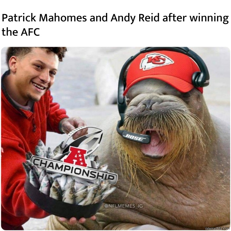 Patrick Mahomes and Andy Reid after winning the AFC meme