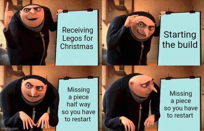 Receiving Legos for Christmas Starting the build Missing a piece half way so you have to restart meme