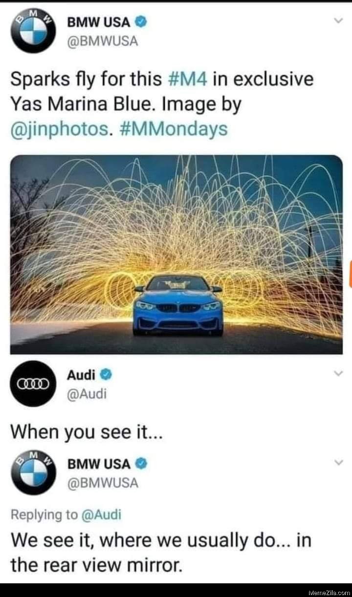 Sparks fly for this M4 in exclusive Yas Marina blue We see it Where we usually do in the rear view mirror meme