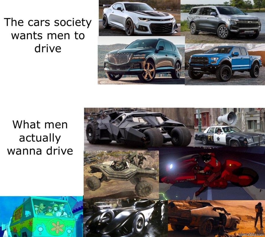 The cars society wants men to drive vs What men actually wanna drive meme