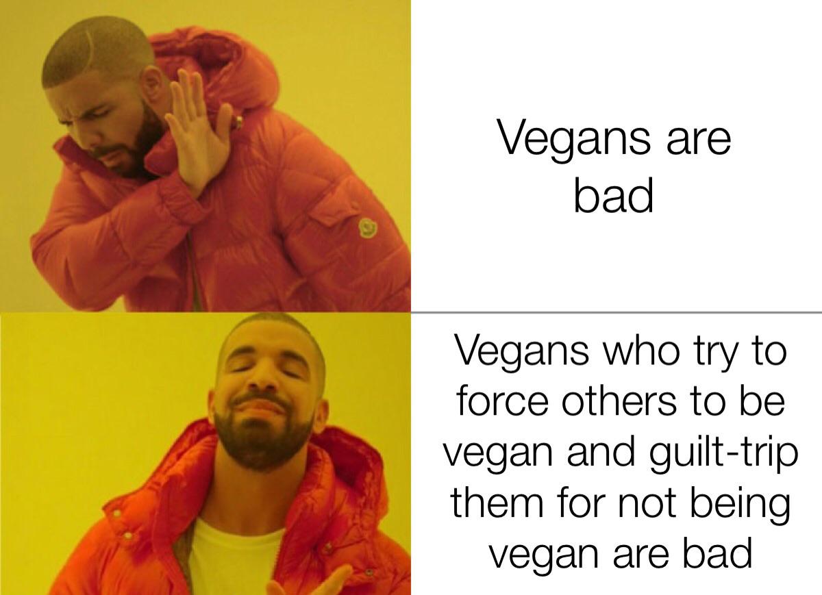 Vegans who try to force others to be vegan and guilt-trip them for not being vegan are bad meme