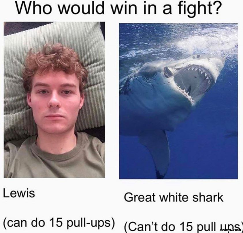 Who would win in a fight Lewis Can do 15 pull-ups Shark Cant do 15 pull-ups meme