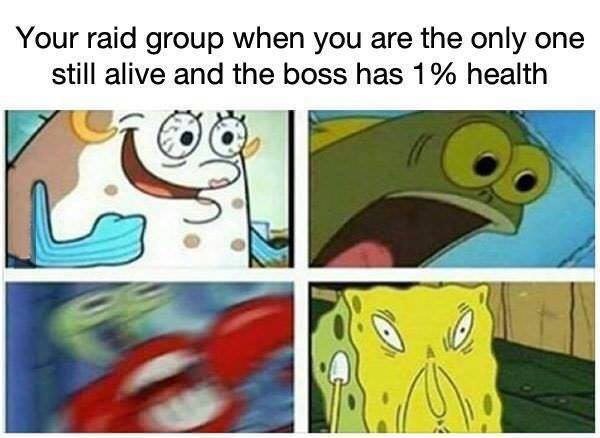 Your raid group when you are in the onlye one still alive and the boss has 1% health meme