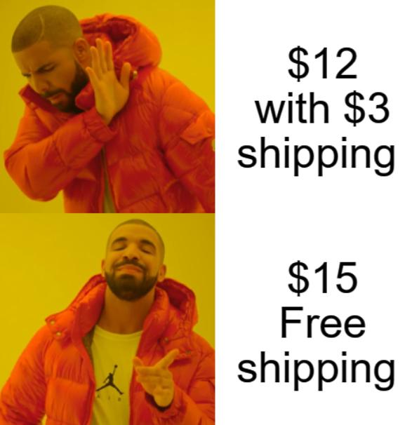 $12 with $3 Shipping $15 with free shipping meme