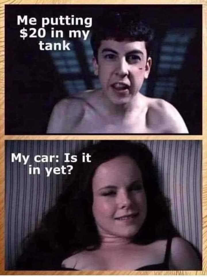 Me putting $20 in my tank My car: Is it in yet meme