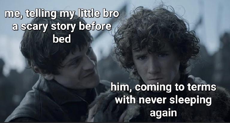 Me, telling my little bro a scary story before bed Him, coming to terms with never sleeping again meme