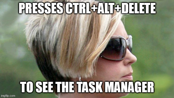 Presses CTRL+ALT+DELETE to see the Task Manager meme