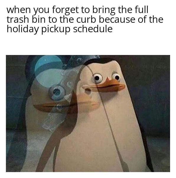 When you forget to bring the full trash bin to the curb because of the holiday pickup schedule meme